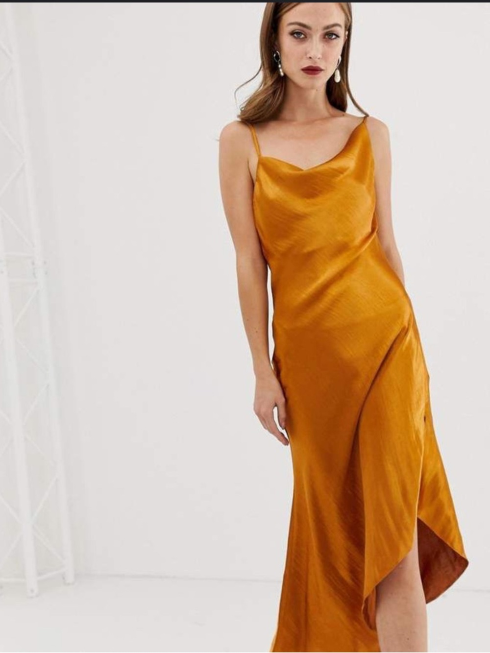 ASOS Asymmetrical Satin Slip Dress in Rust Orange